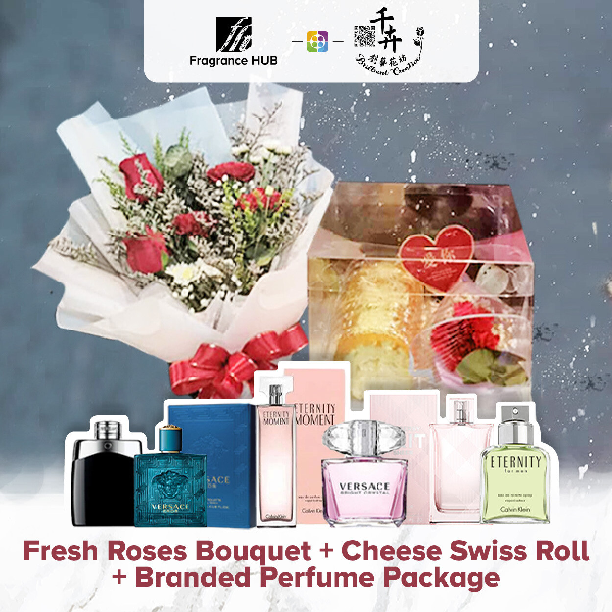 Fresh Roses Bouquet with Cheese Swiss Roll + Fragrance Hub Branded Perfume (By: Brilliant Creative Florist from Sibu)