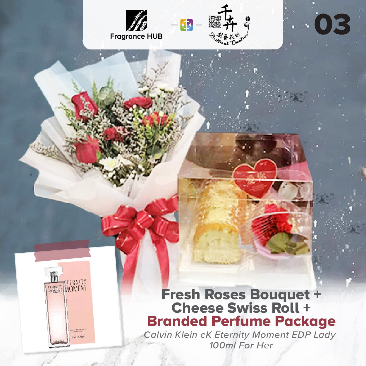 Fresh Roses Bouquet with Cheese Swiss Roll + Fragrance Hub Branded Perfume (By: Brilliant Creative Florist from Sibu)