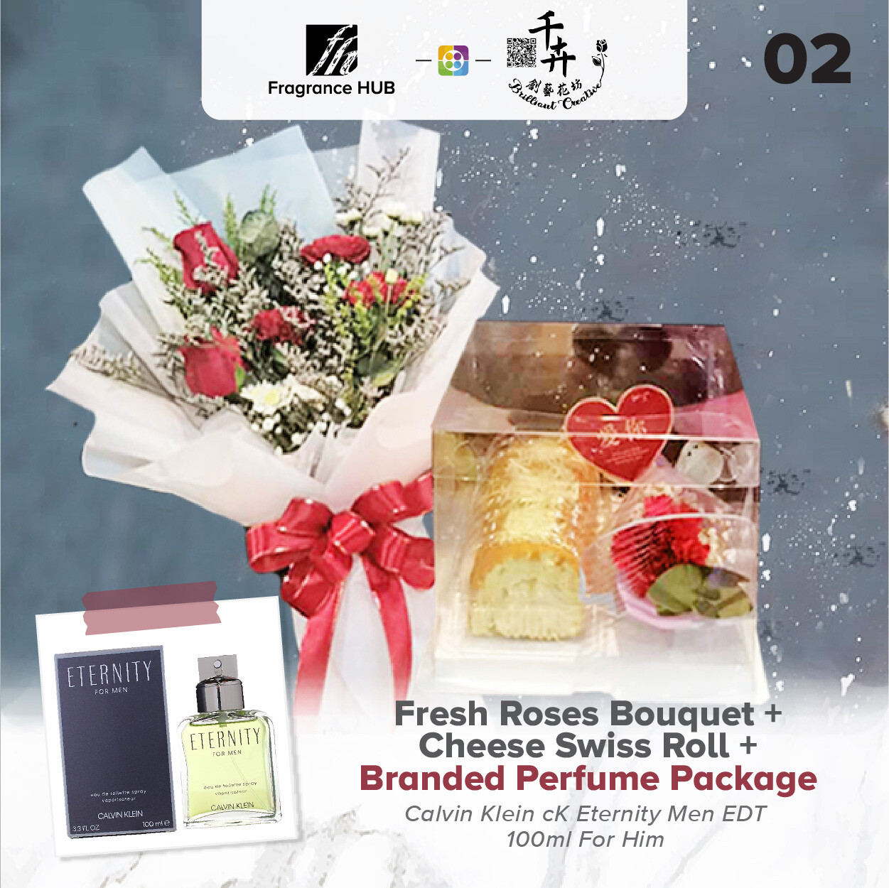 Fresh Roses Bouquet with Cheese Swiss Roll + Fragrance Hub Branded Perfume (By: Brilliant Creative Florist from Sibu)