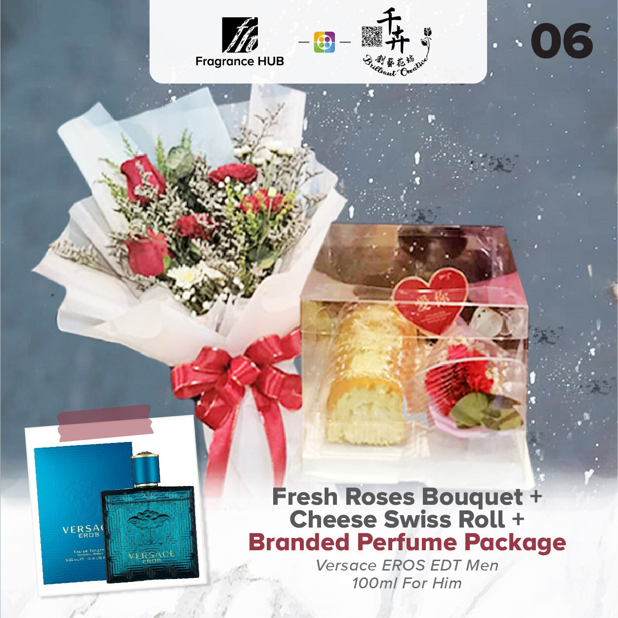 Fresh Roses Bouquet with Cheese Swiss Roll + Fragrance Hub Branded Perfume (By: Brilliant Creative Florist from Sibu)