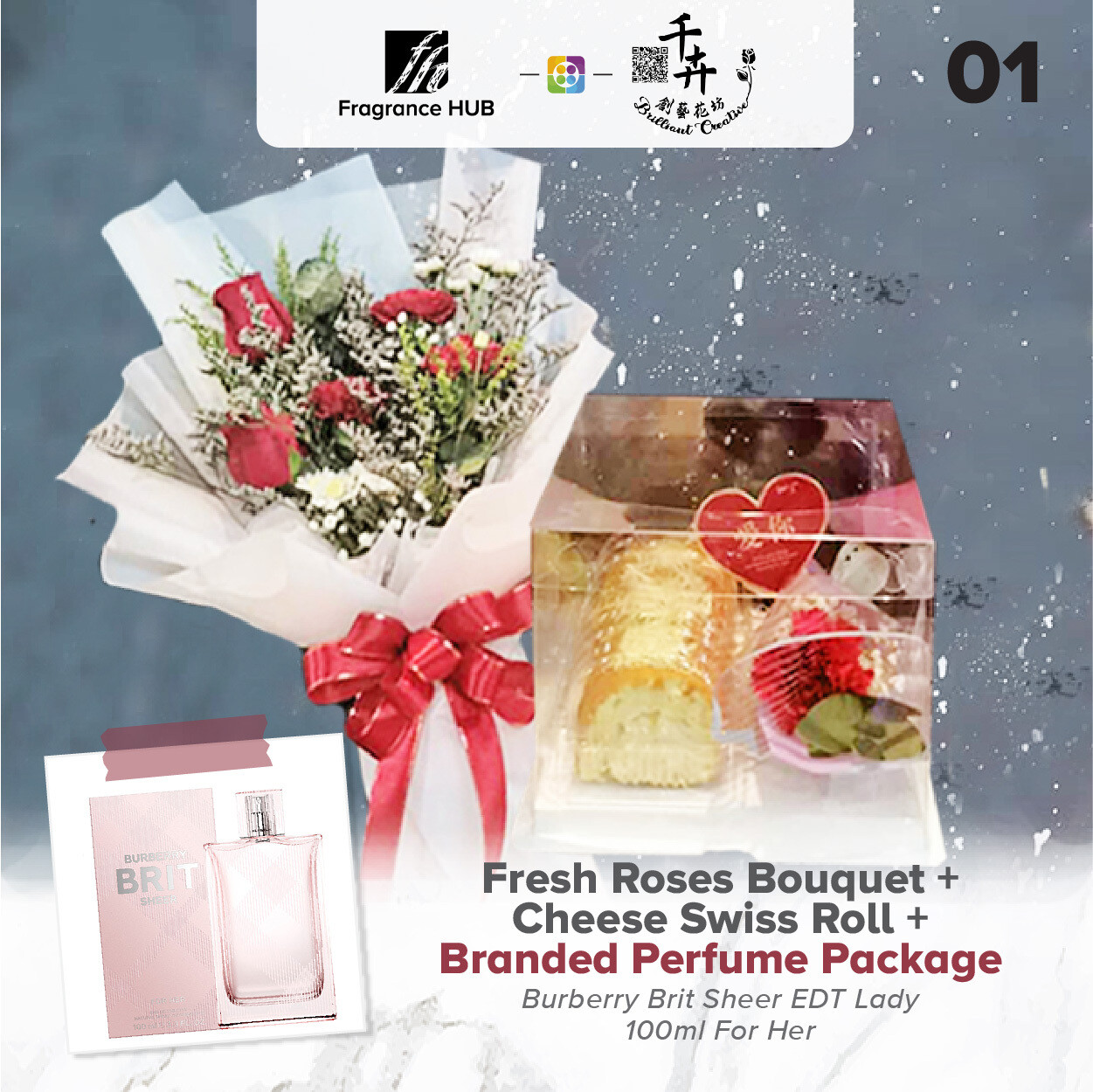 Fresh Roses Bouquet with Cheese Swiss Roll + Fragrance Hub Branded Perfume (By: Brilliant Creative Florist from Sibu)