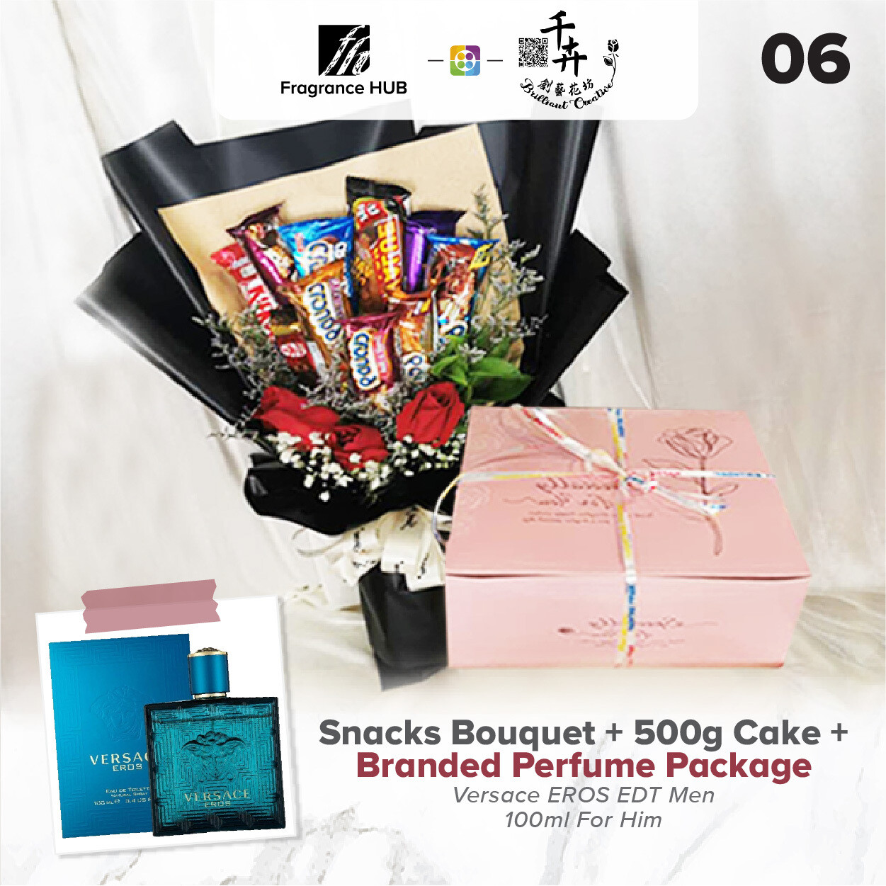 Snacks Bouquet with 500g Cake + Fragrance Hub Branded Perfume (By: Brilliant Creative Florist from Sibu)
