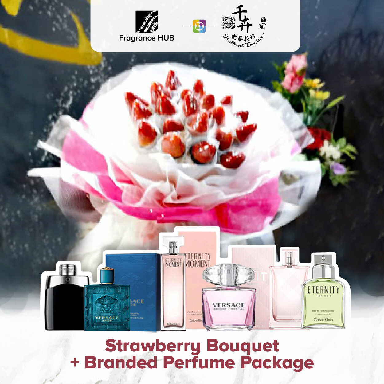Strawberry Bouquet + Fragrance Hub Branded Perfume (By: Brilliant Creative Florist from Sibu)