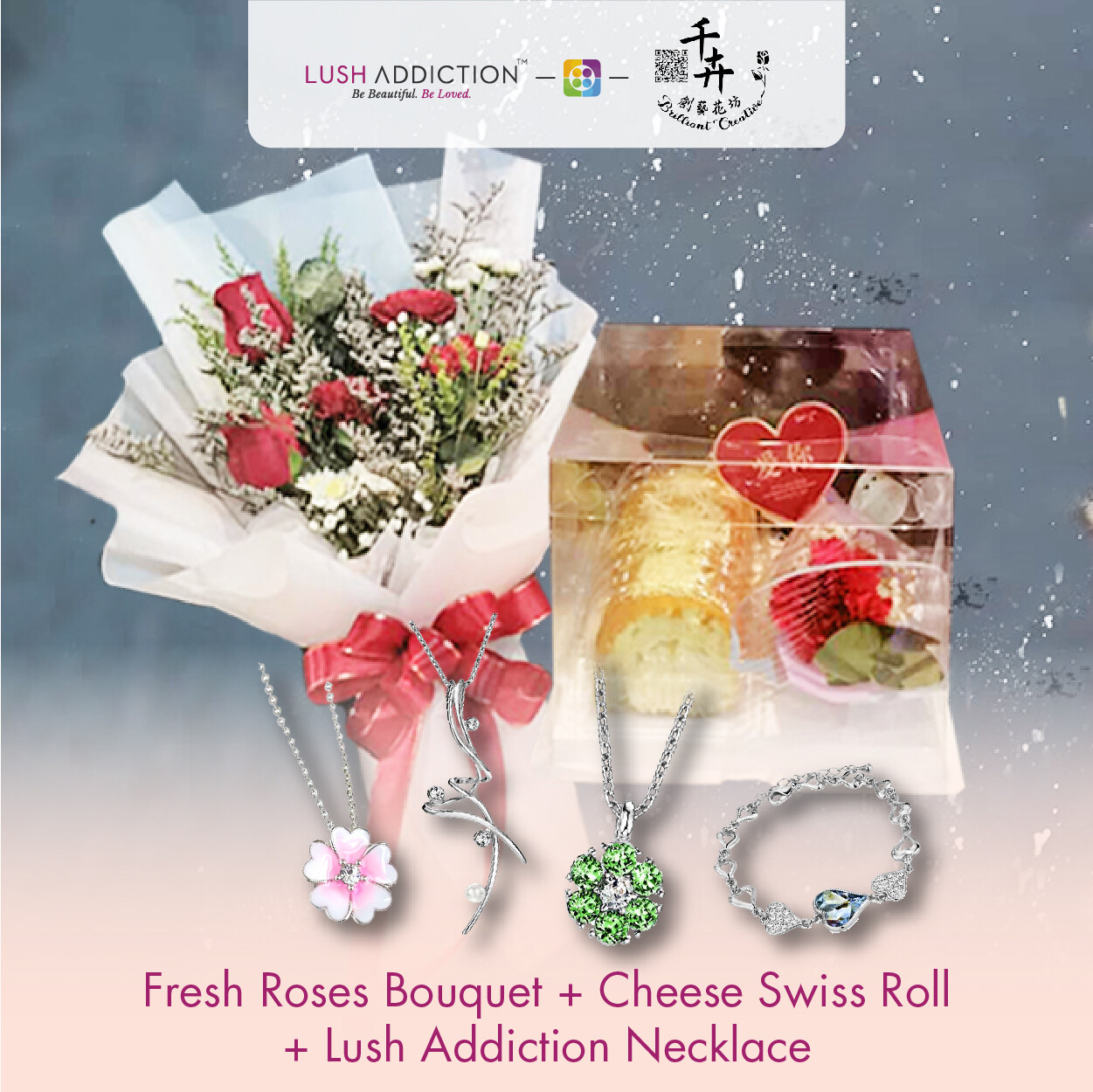 Fresh Roses Bouquet with Cheese Swiss Roll + Lush Addiction Necklace (By: Brilliant Creative Florist from Sibu)