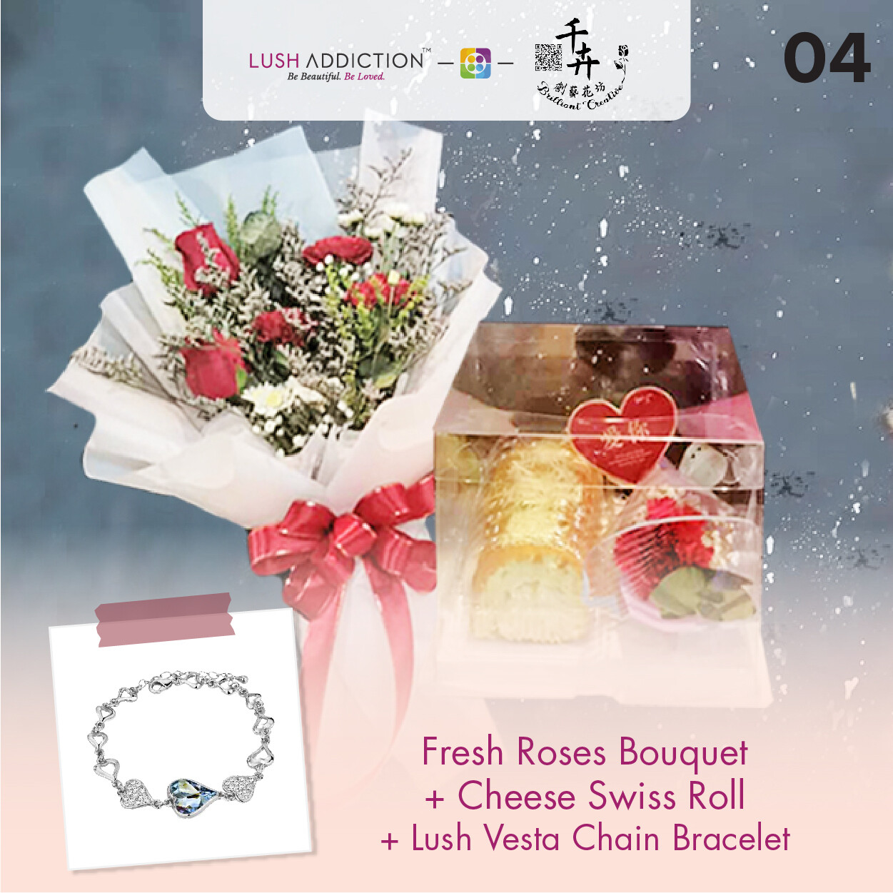 Fresh Roses Bouquet with Cheese Swiss Roll + Lush Addiction Necklace (By: Brilliant Creative Florist from Sibu)