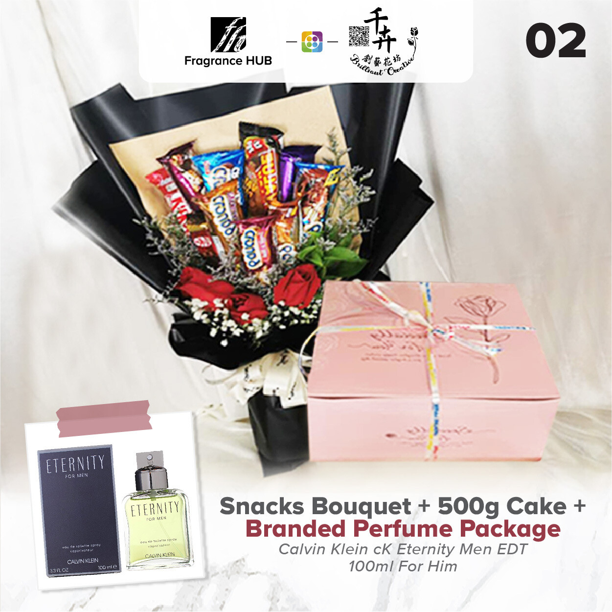 Snacks Bouquet with 500g Cake + Fragrance Hub Branded Perfume (By: Brilliant Creative Florist from Sibu)