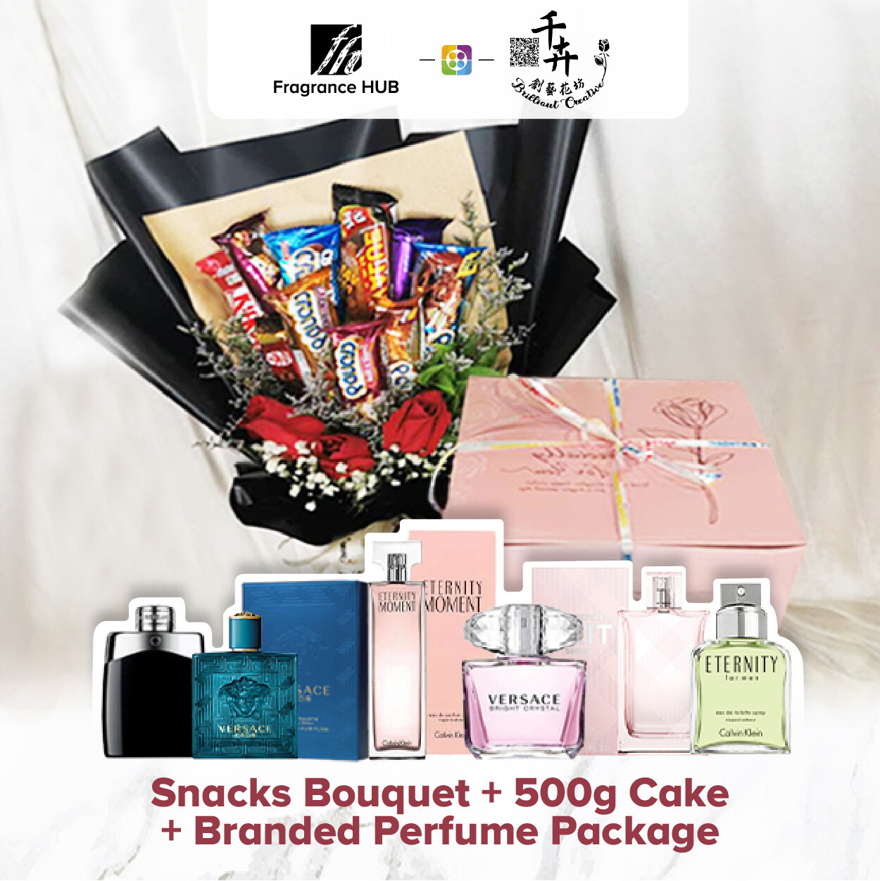 Snacks Bouquet with 500g Cake + Fragrance Hub Branded Perfume (By: Brilliant Creative Florist from Sibu)