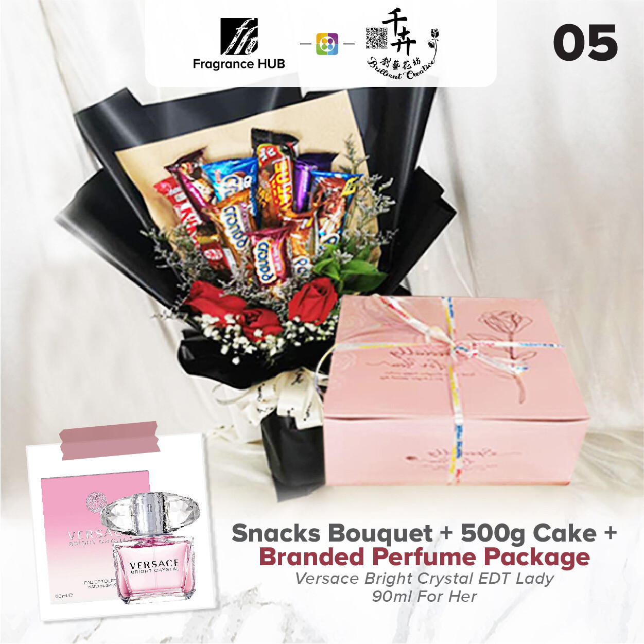 Snacks Bouquet with 500g Cake + Fragrance Hub Branded Perfume (By: Brilliant Creative Florist from Sibu)