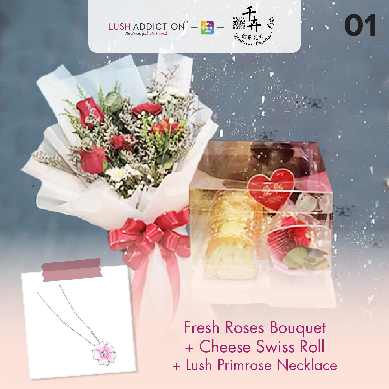 Fresh Roses Bouquet with Cheese Swiss Roll + Lush Addiction Necklace (By: Brilliant Creative Florist from Sibu)