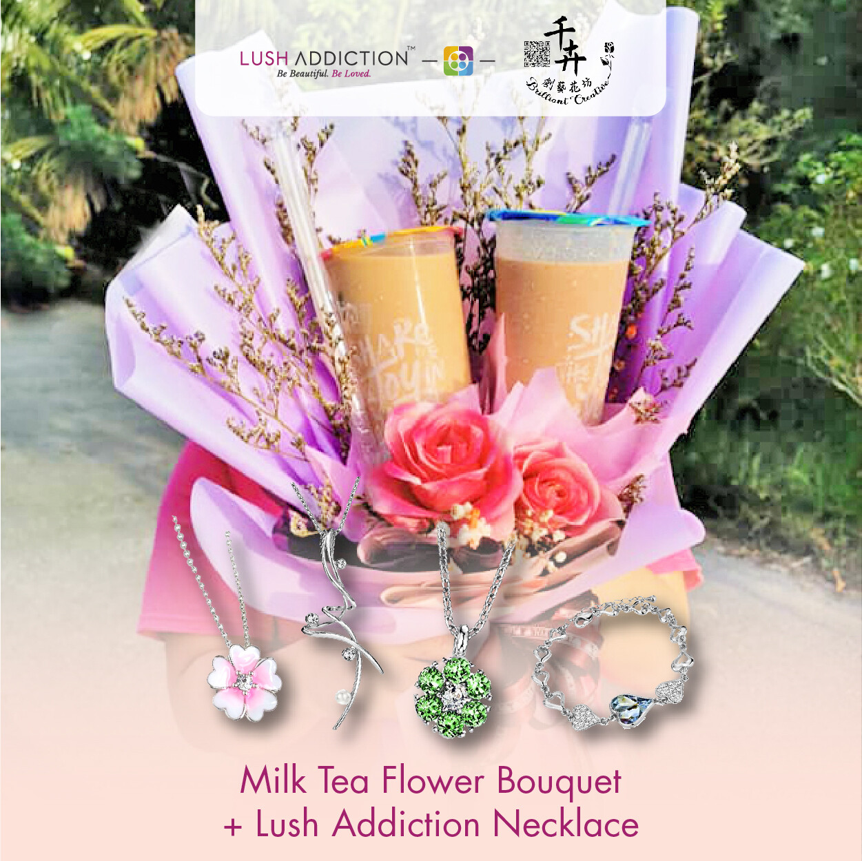 Milk Tea Flower Bouquet + Lush Addiction Necklace (By: Brilliant Creative Florist from Sibu)