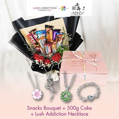 Snacks Bouquet with 500g Cake + Lush Addiction Necklace (By: Brilliant Creative Florist from Sibu)