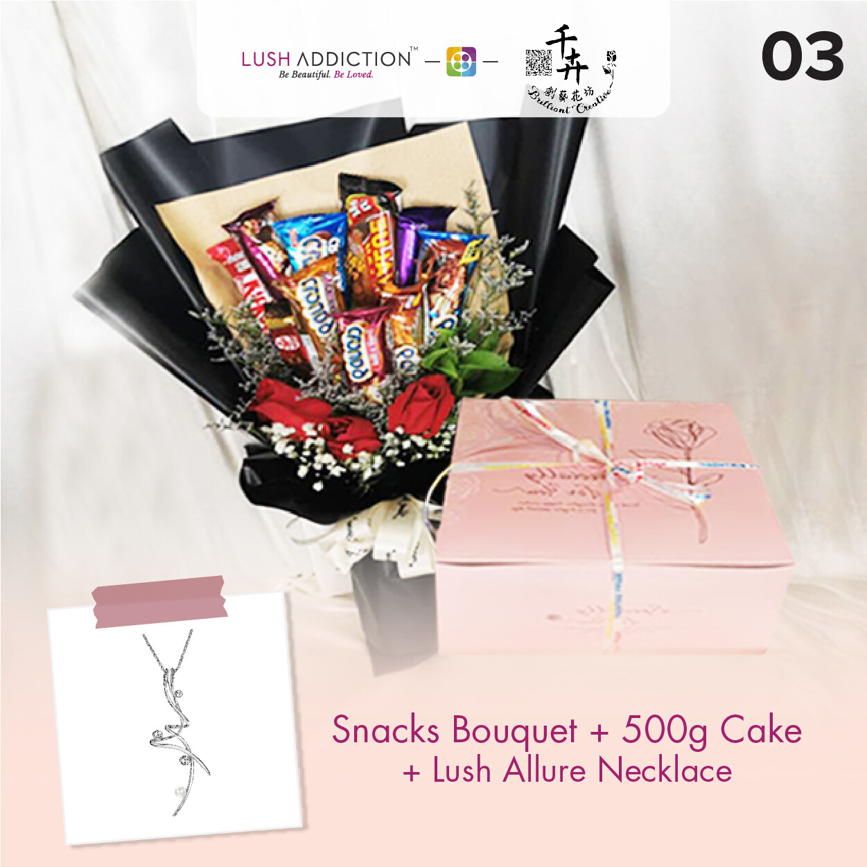 Snacks Bouquet with 500g Cake + Lush Addiction Necklace (By: Brilliant Creative Florist from Sibu)