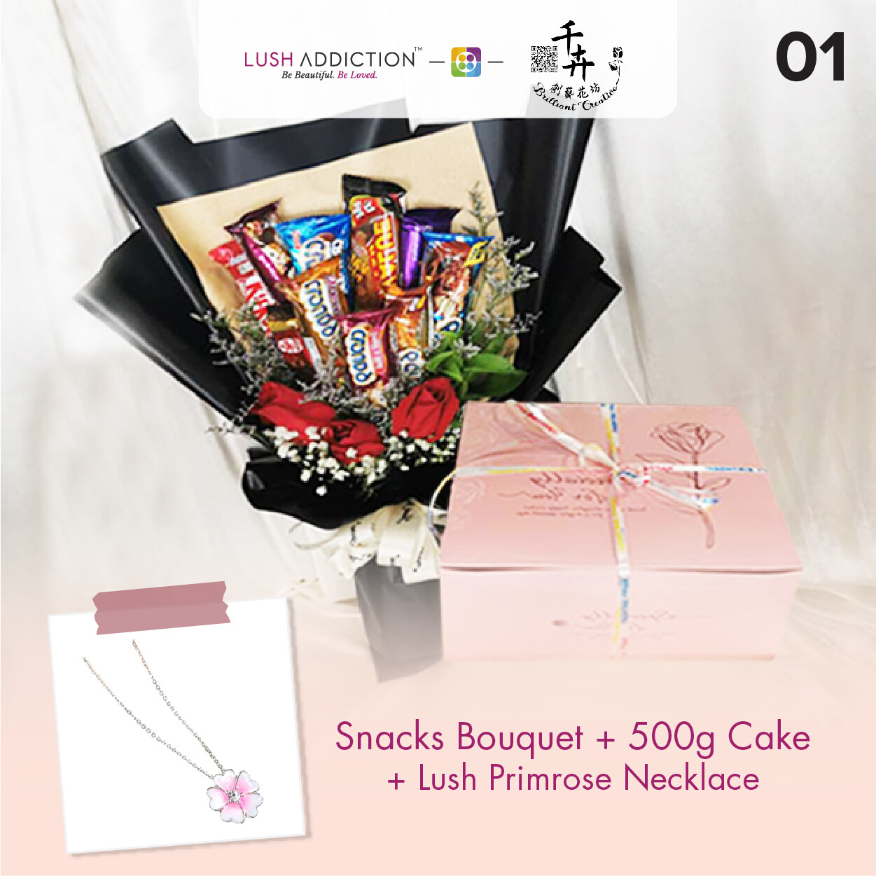 Snacks Bouquet with 500g Cake + Lush Addiction Necklace (By: Brilliant Creative Florist from Sibu)