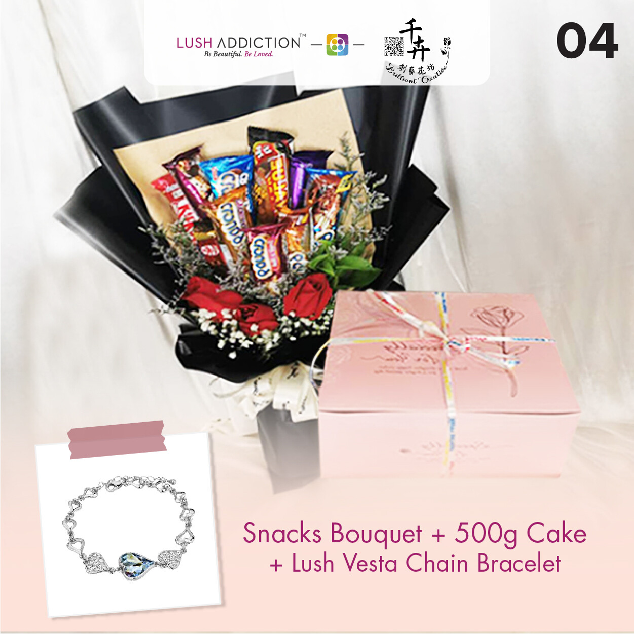 Snacks Bouquet with 500g Cake + Lush Addiction Necklace (By: Brilliant Creative Florist from Sibu)