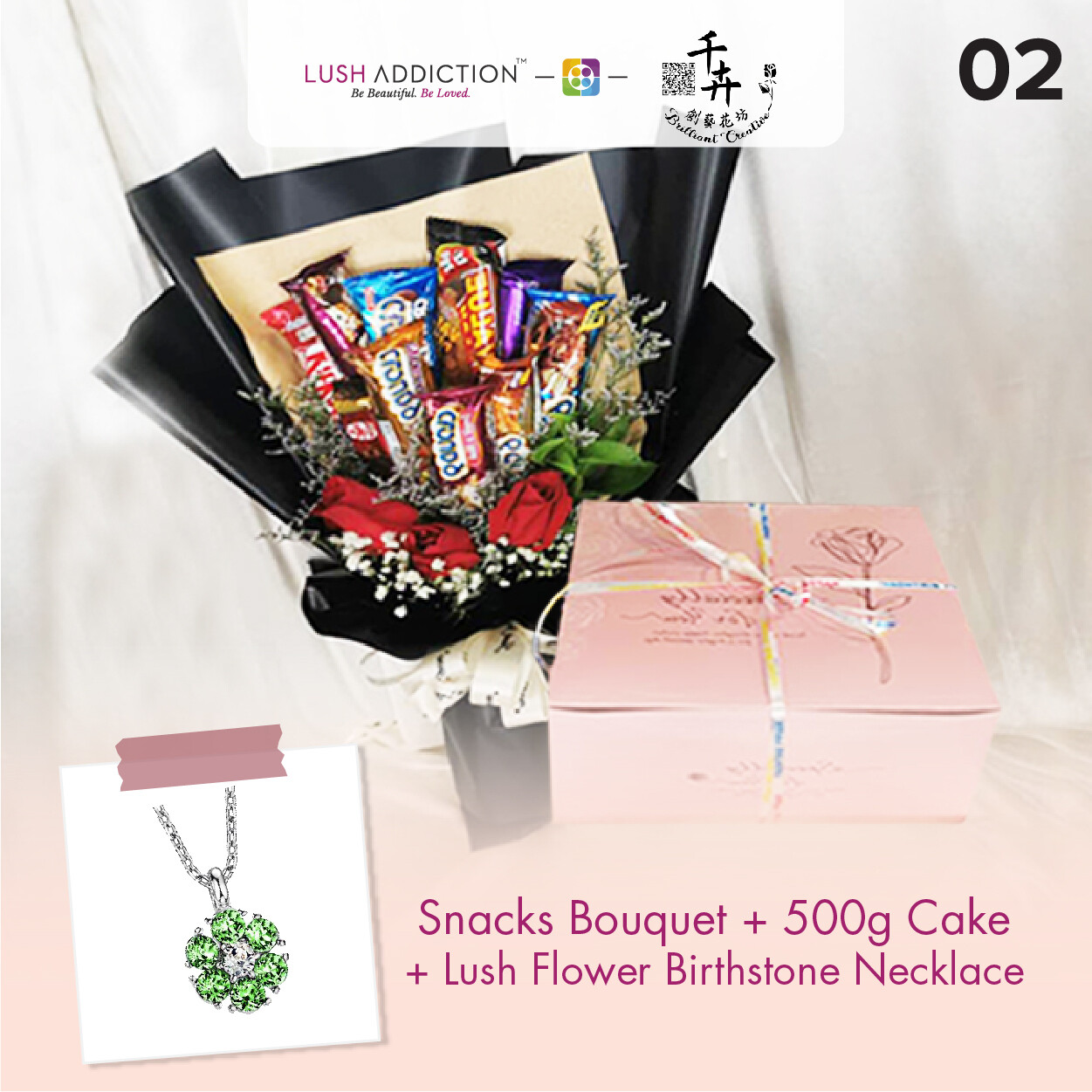 Snacks Bouquet with 500g Cake + Lush Addiction Necklace (By: Brilliant Creative Florist from Sibu)