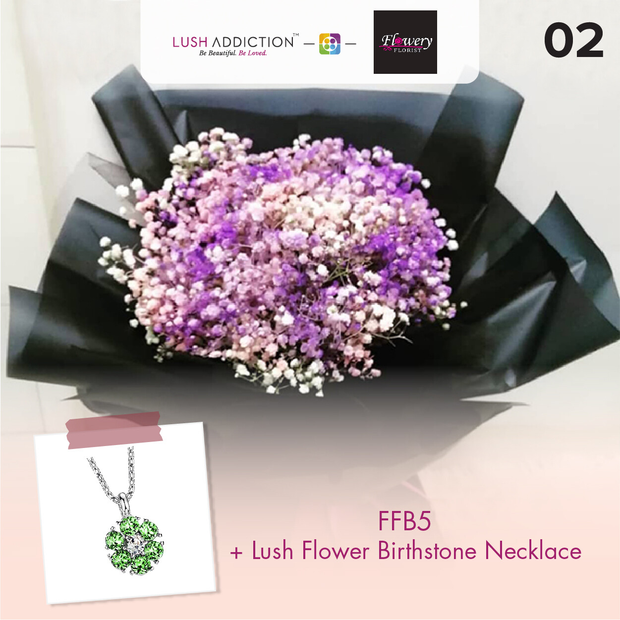 FFB5 Bouquet + Lush Addiction Necklace (By: Flowery Florist from Seri Kembangan)