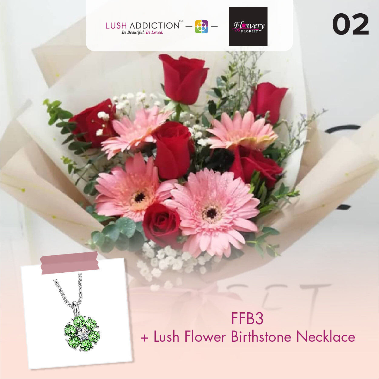 FFB3 Bouquet + Lush Addiction Necklace (By: Flowery Florist from Seri Kembangan)