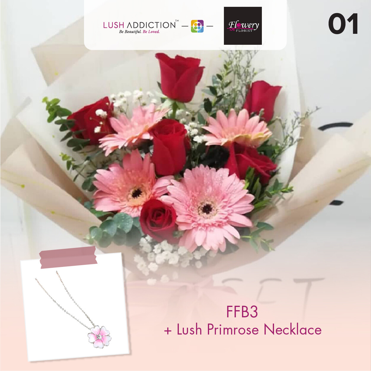 FFB3 Bouquet + Lush Addiction Necklace (By: Flowery Florist from Seri Kembangan)