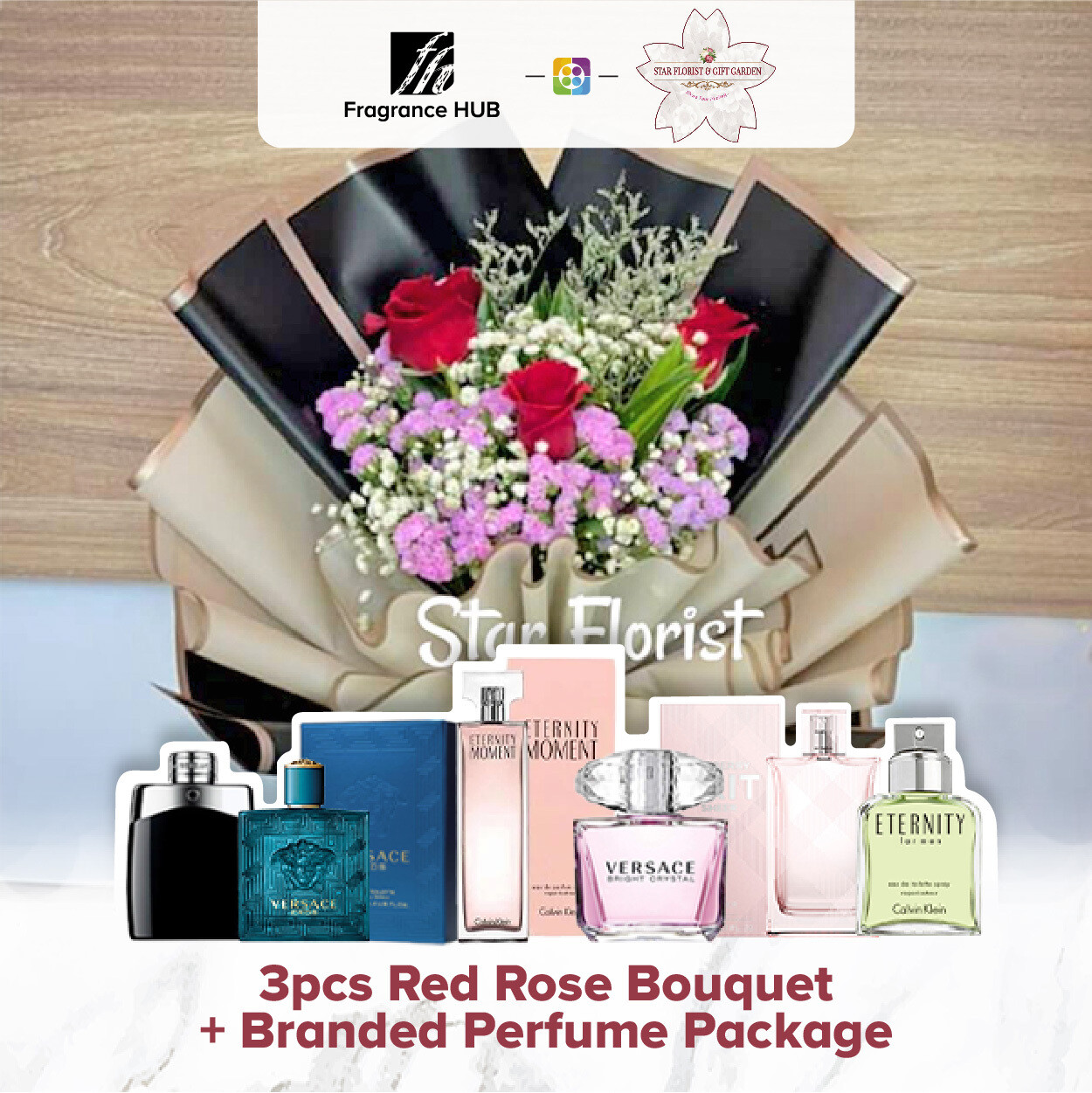 3pcs Red Rose Bouquet + Fragrance Hub Branded Perfume (By: Star Florist from Puchong)