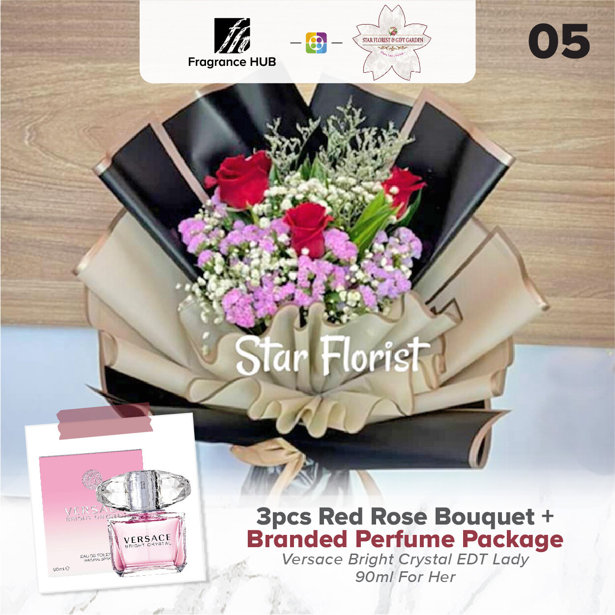 3pcs Red Rose Bouquet + Fragrance Hub Branded Perfume (By: Star Florist from Puchong)