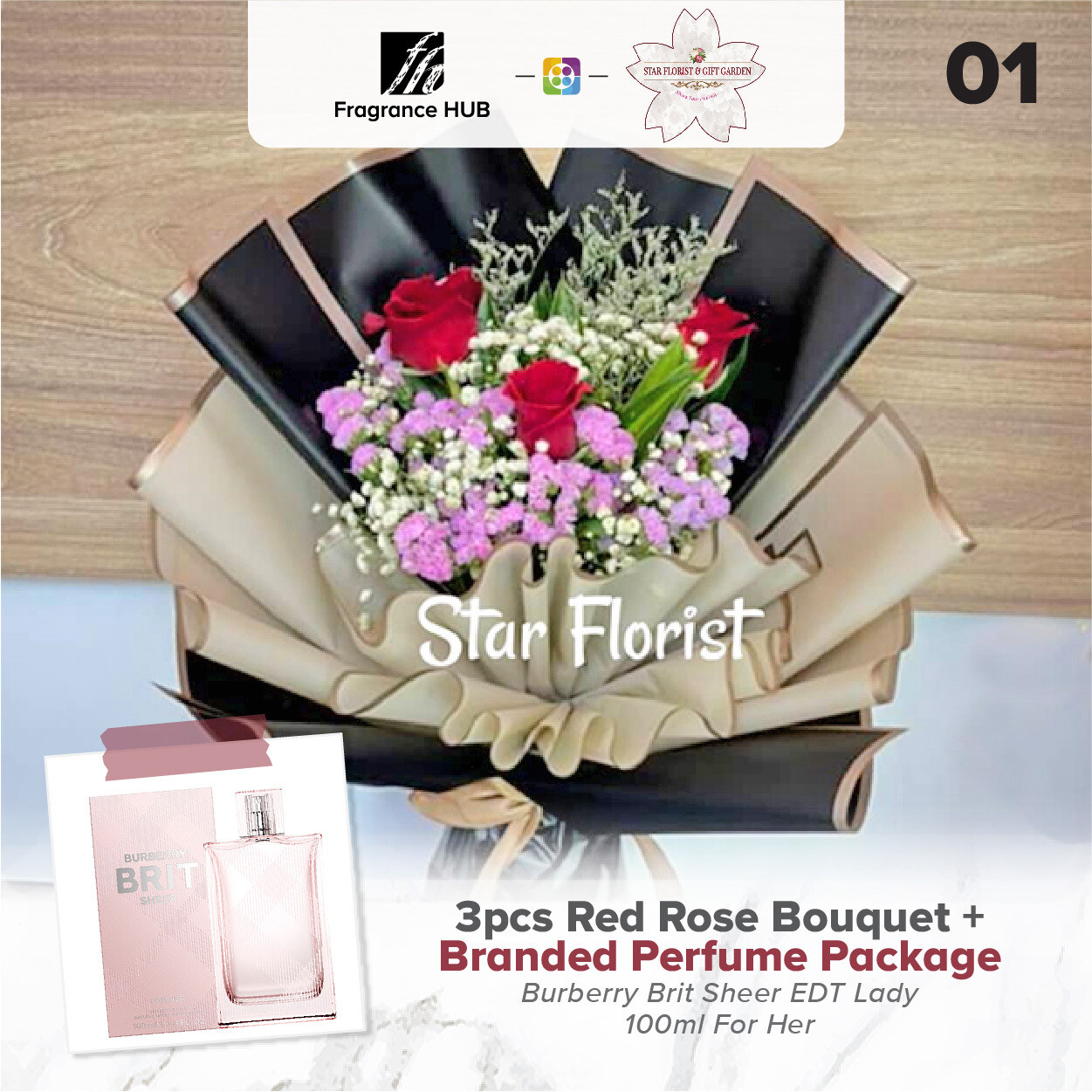 3pcs Red Rose Bouquet + Fragrance Hub Branded Perfume (By: Star Florist from Puchong)