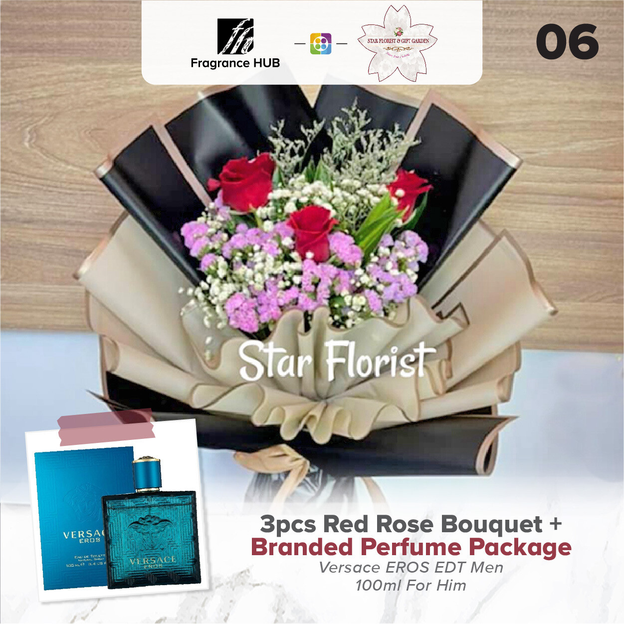 3pcs Red Rose Bouquet + Fragrance Hub Branded Perfume (By: Star Florist from Puchong)
