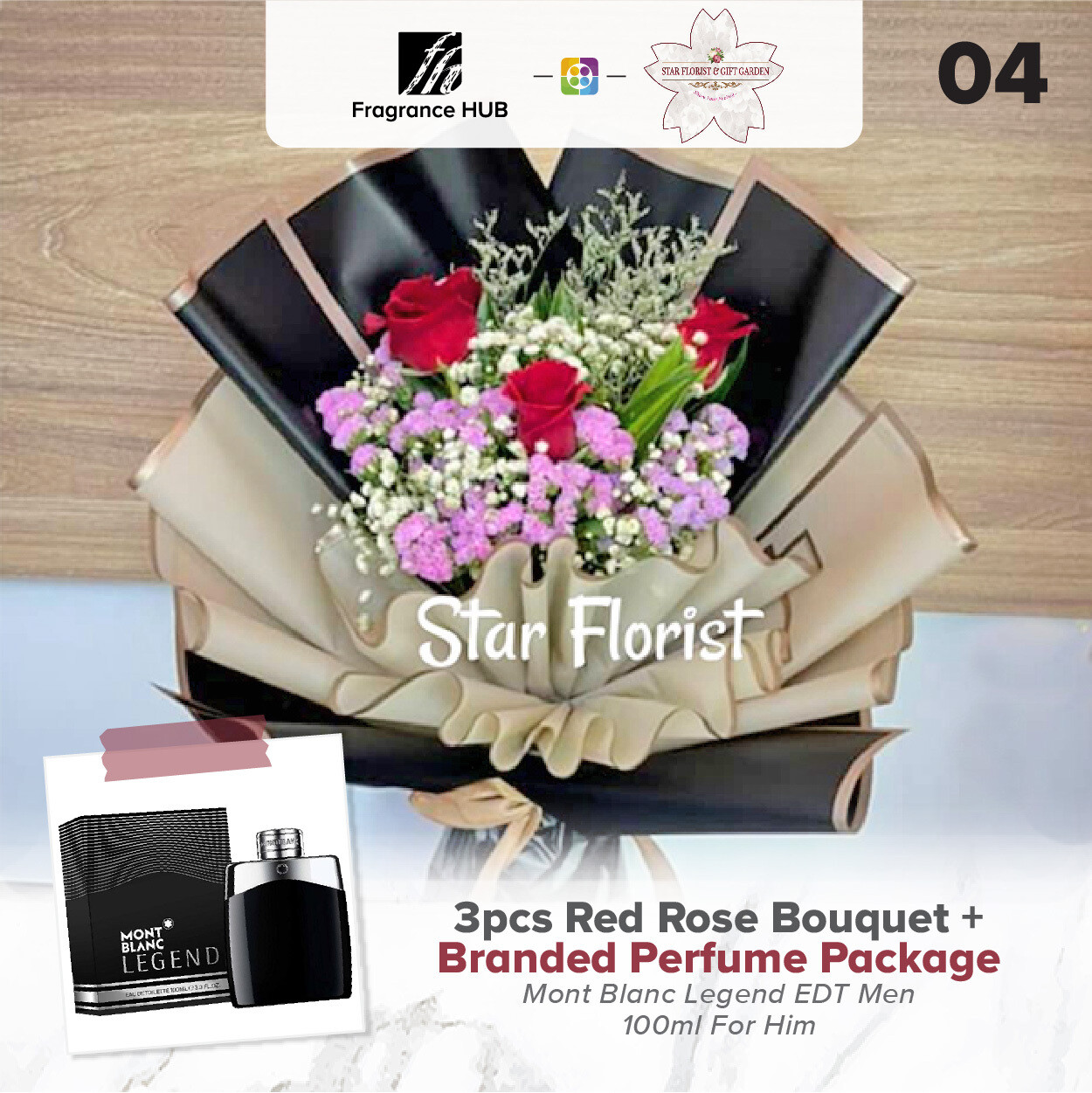 3pcs Red Rose Bouquet + Fragrance Hub Branded Perfume (By: Star Florist from Puchong)