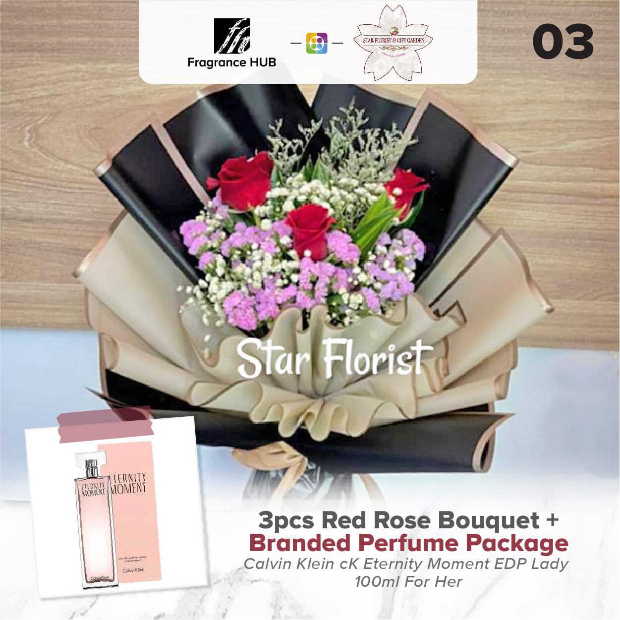 3pcs Red Rose Bouquet + Fragrance Hub Branded Perfume (By: Star Florist from Puchong)