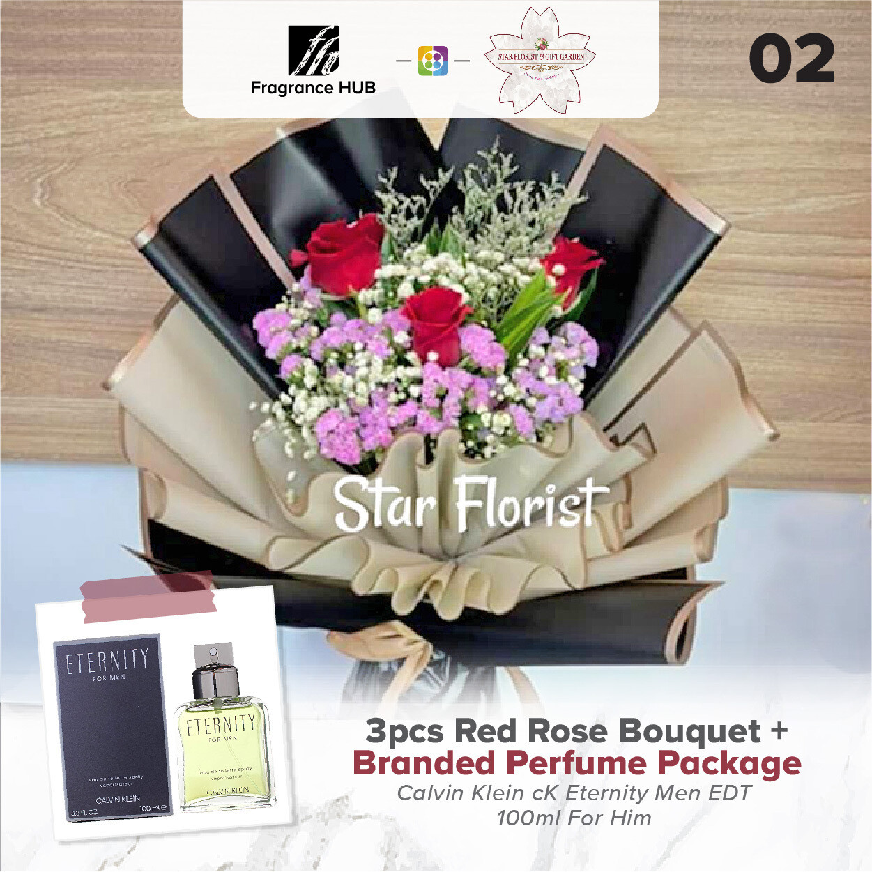 3pcs Red Rose Bouquet + Fragrance Hub Branded Perfume (By: Star Florist from Puchong)