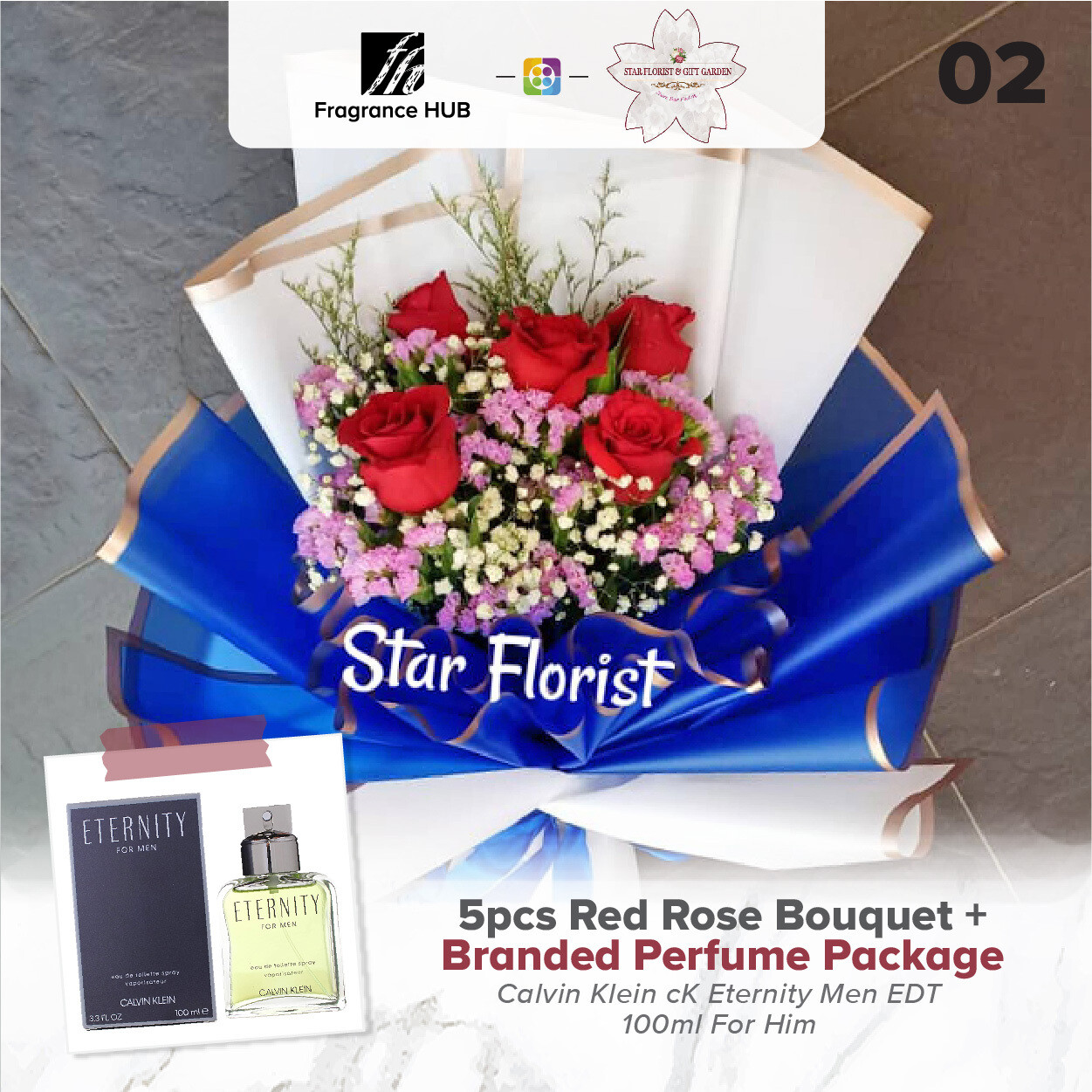 5pcs Red Rose Bouquet + Fragrance Hub Branded Perfume (By: Star Florist from Puchong)