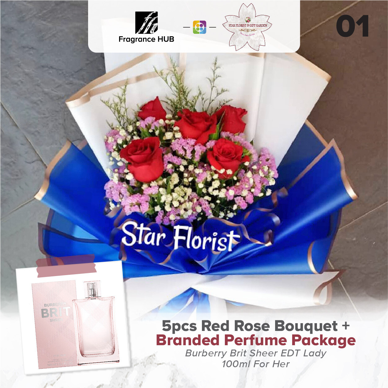 5pcs Red Rose Bouquet + Fragrance Hub Branded Perfume (By: Star Florist from Puchong)