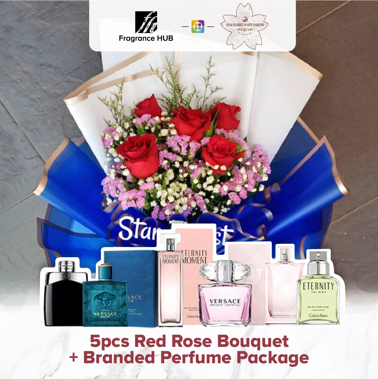 5pcs Red Rose Bouquet + Fragrance Hub Branded Perfume (By: Star Florist from Puchong)