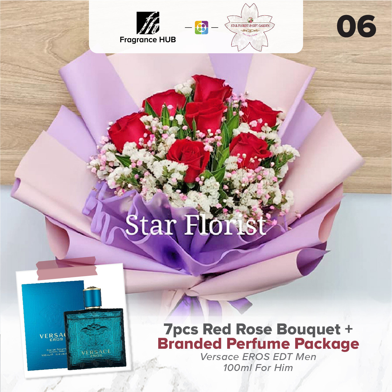 7pcs Red Rose Bouquet + Fragrance Hub Branded Perfume (By: Star Florist from Puchong)