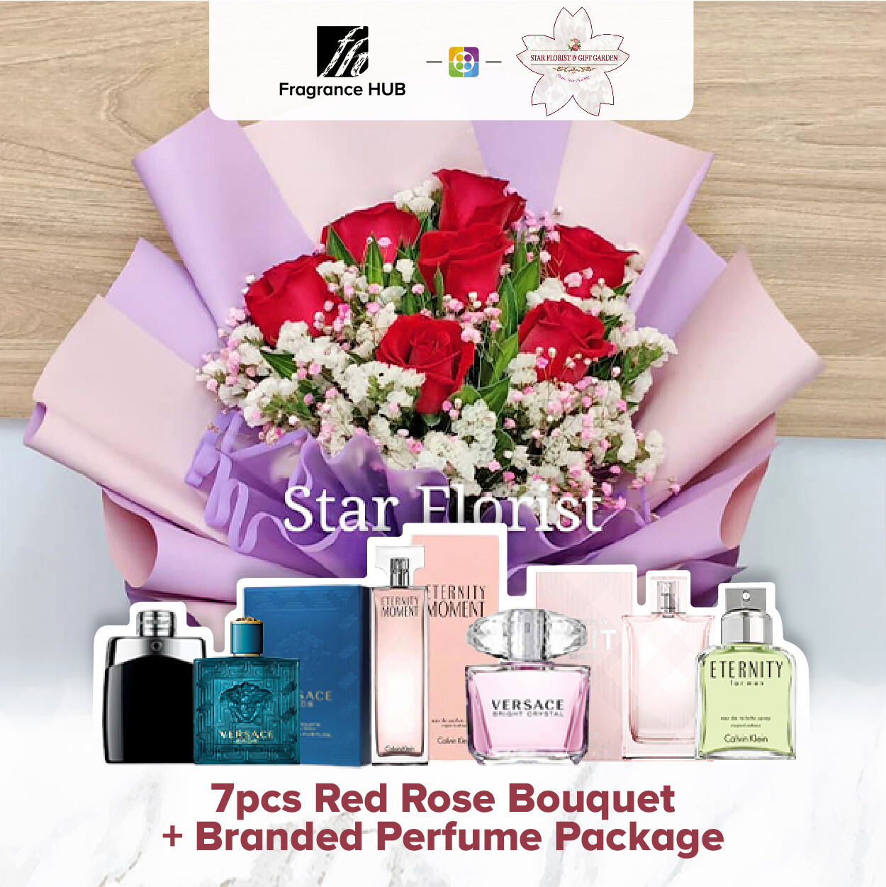 7pcs Red Rose Bouquet + Fragrance Hub Branded Perfume (By: Star Florist from Puchong)