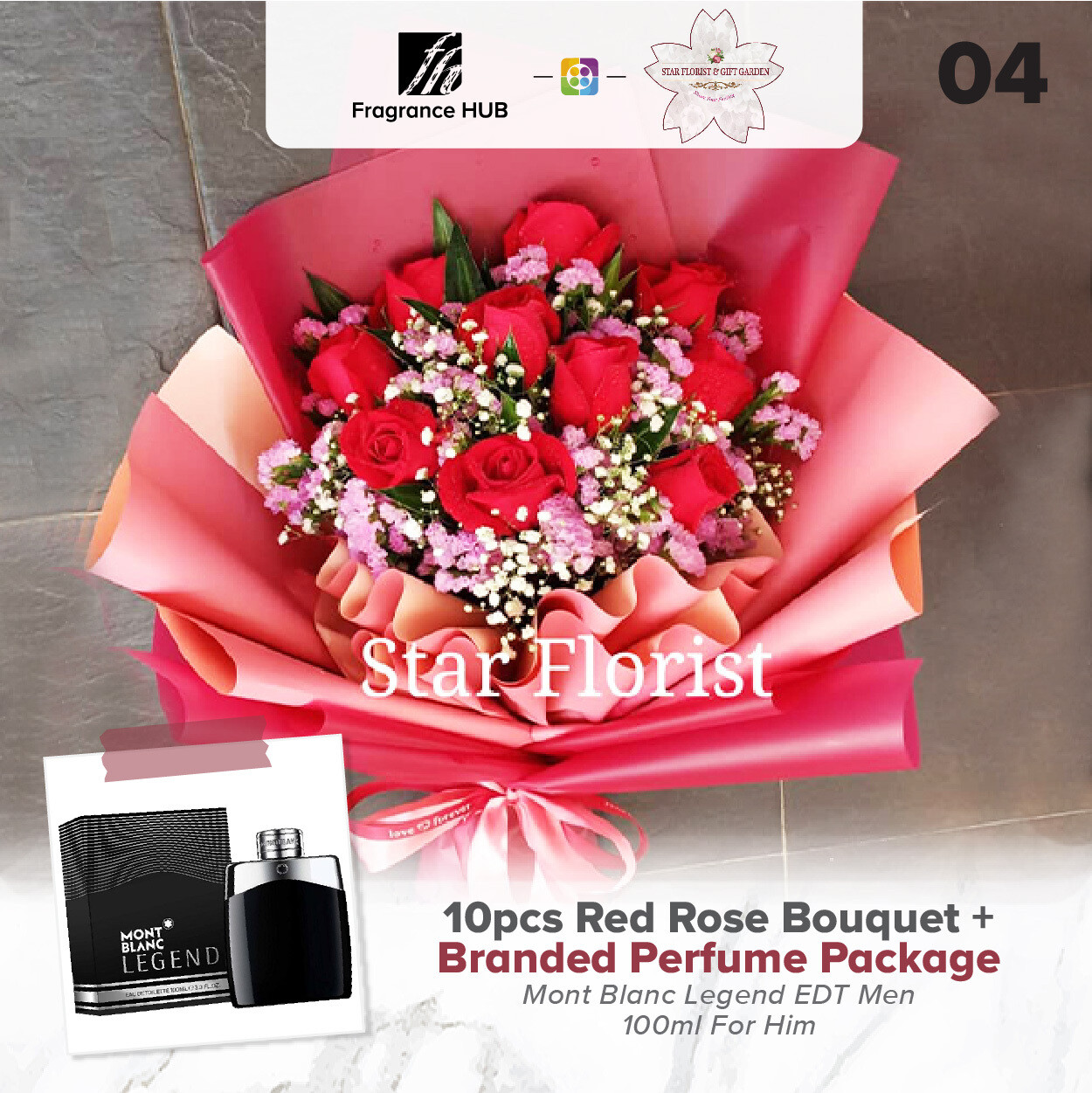 10pcs Red Rose Bouquet + Fragrance Hub Branded Perfume (By: Star Florist from Puchong)