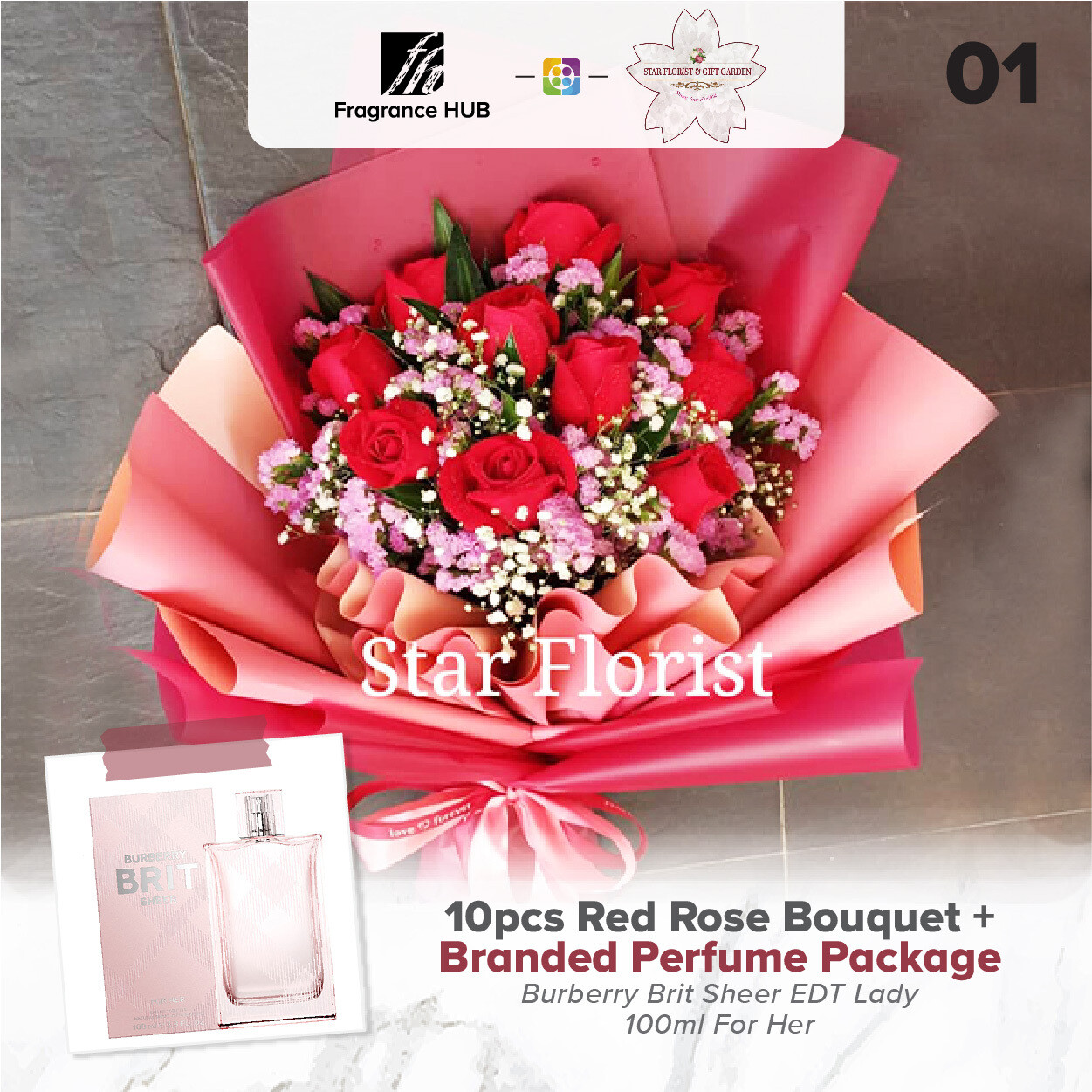10pcs Red Rose Bouquet + Fragrance Hub Branded Perfume (By: Star Florist from Puchong)