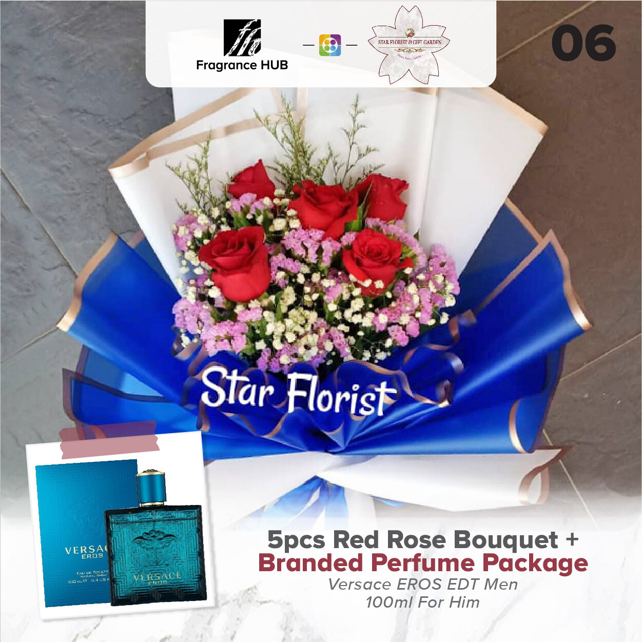 5pcs Red Rose Bouquet + Fragrance Hub Branded Perfume (By: Star Florist from Puchong)