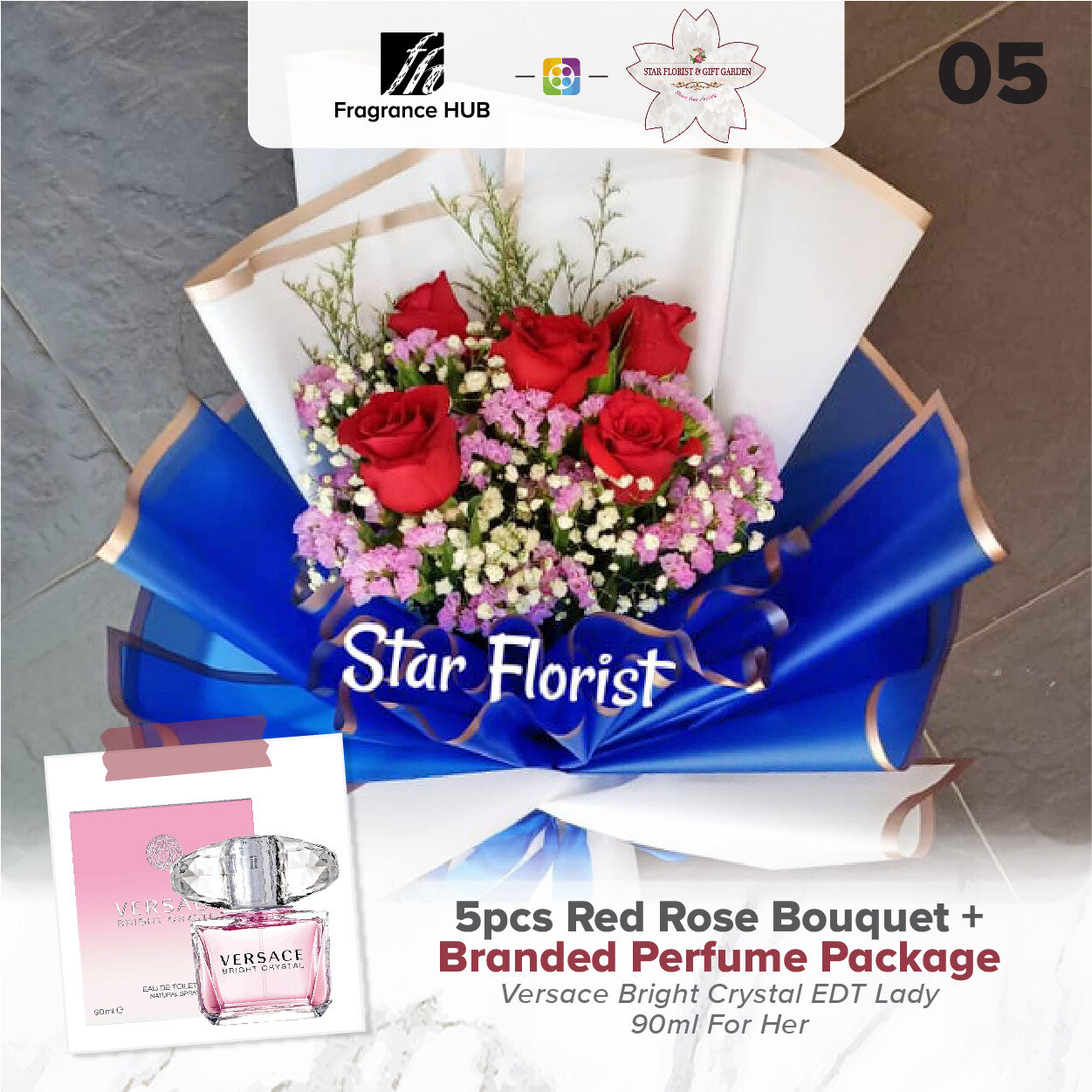 5pcs Red Rose Bouquet + Fragrance Hub Branded Perfume (By: Star Florist from Puchong)