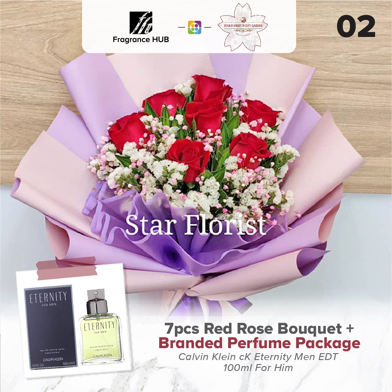 7pcs Red Rose Bouquet + Fragrance Hub Branded Perfume (By: Star Florist from Puchong)