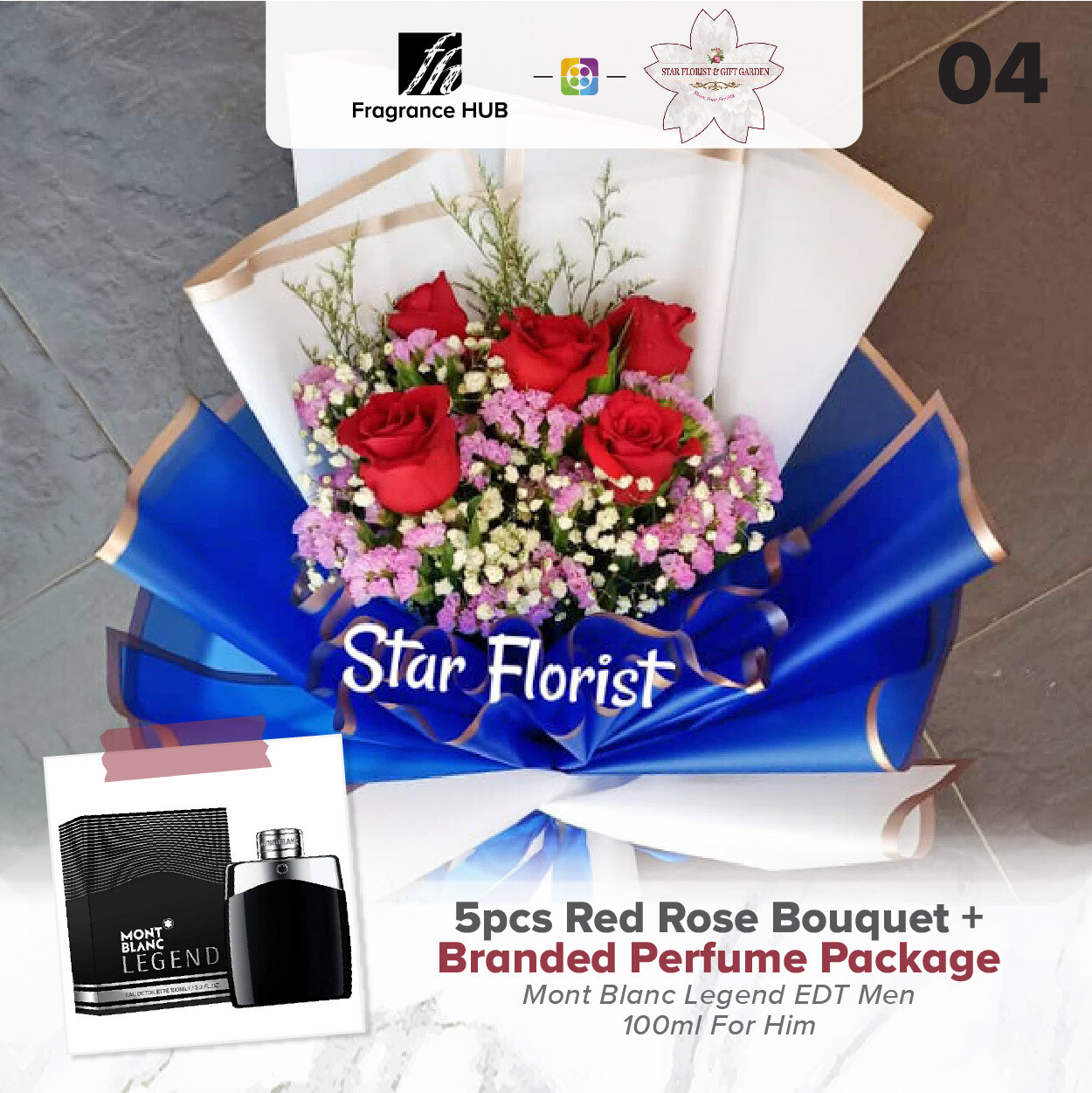 5pcs Red Rose Bouquet + Fragrance Hub Branded Perfume (By: Star Florist from Puchong)