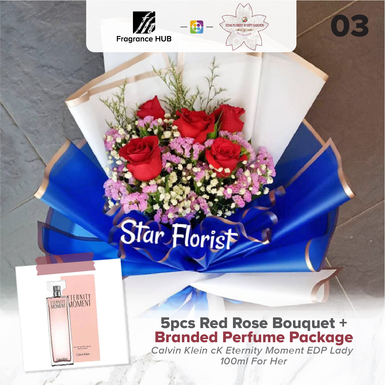 5pcs Red Rose Bouquet + Fragrance Hub Branded Perfume (By: Star Florist from Puchong)