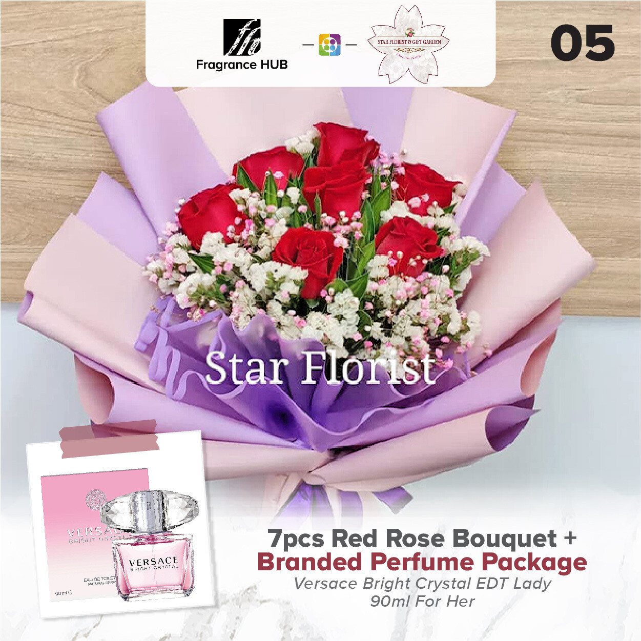 7pcs Red Rose Bouquet + Fragrance Hub Branded Perfume (By: Star Florist from Puchong)
