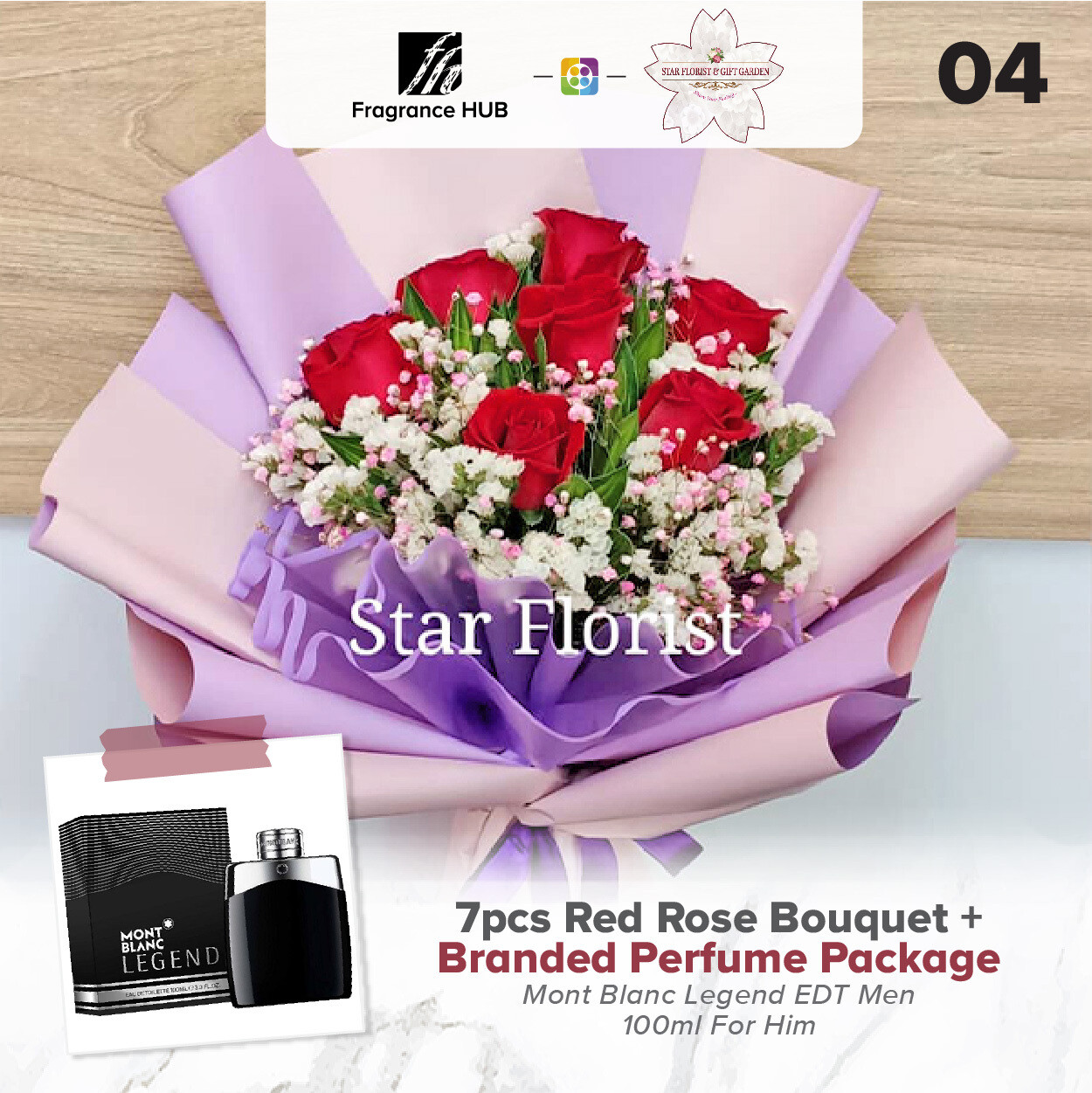 7pcs Red Rose Bouquet + Fragrance Hub Branded Perfume (By: Star Florist from Puchong)