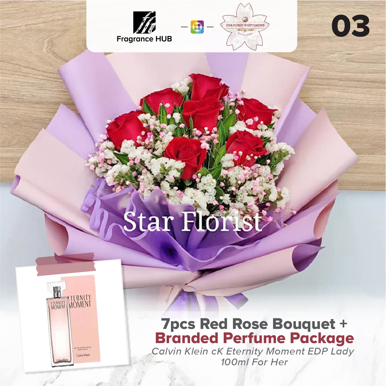 7pcs Red Rose Bouquet + Fragrance Hub Branded Perfume (By: Star Florist from Puchong)
