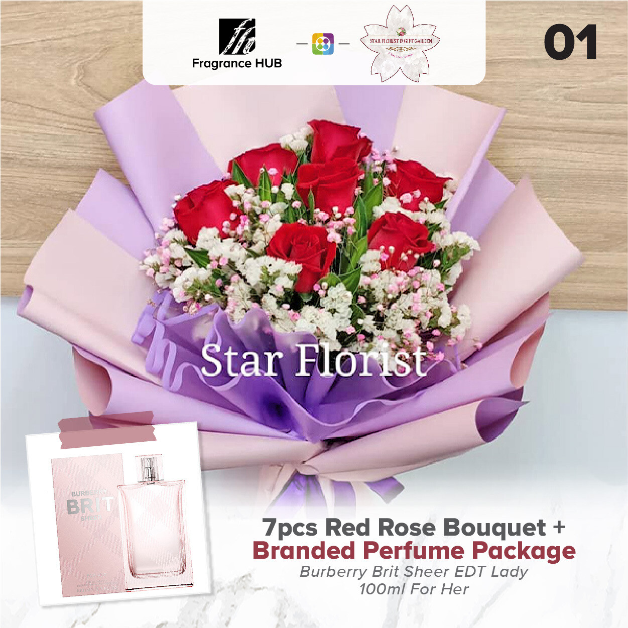 7pcs Red Rose Bouquet + Fragrance Hub Branded Perfume (By: Star Florist from Puchong)