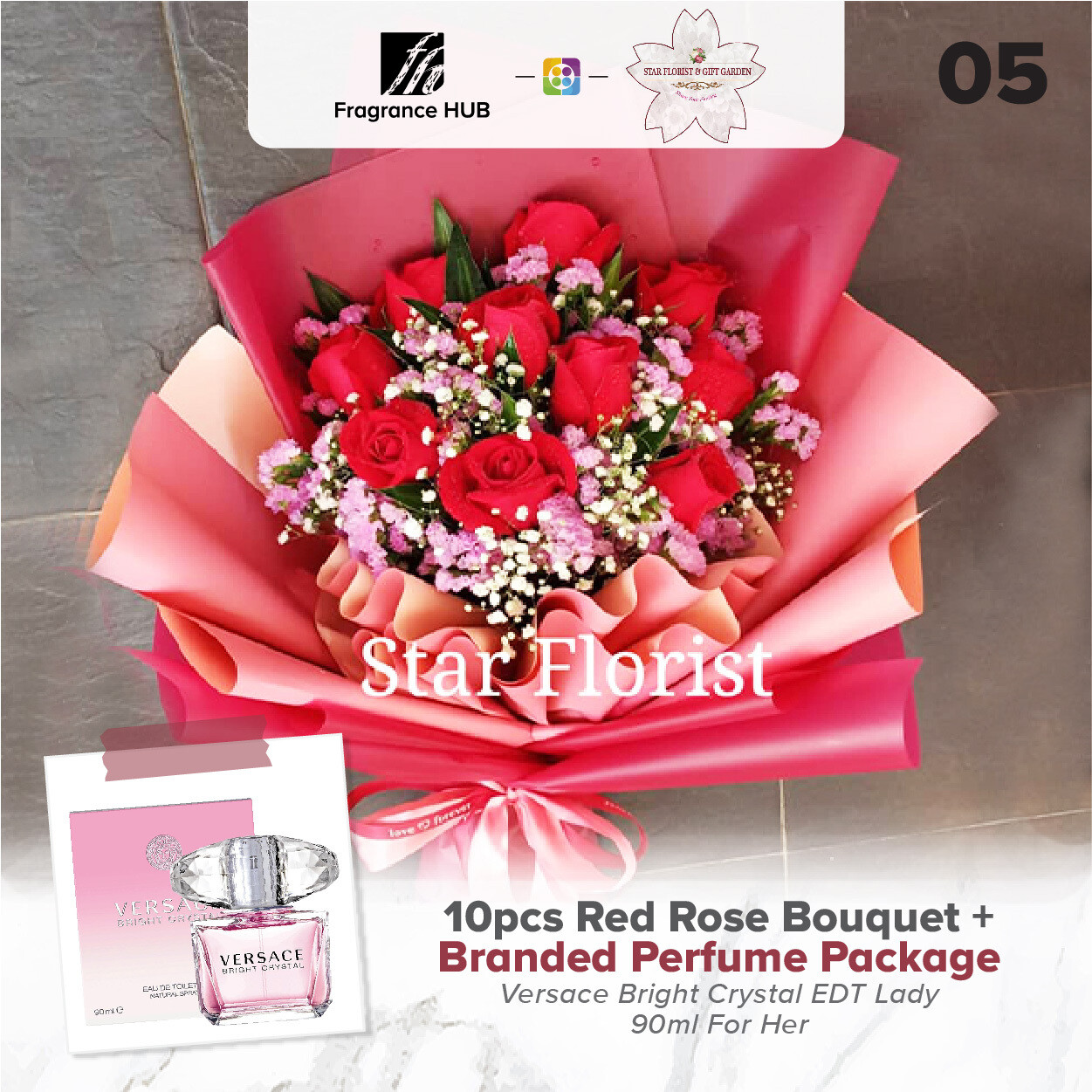 10pcs Red Rose Bouquet + Fragrance Hub Branded Perfume (By: Star Florist from Puchong)