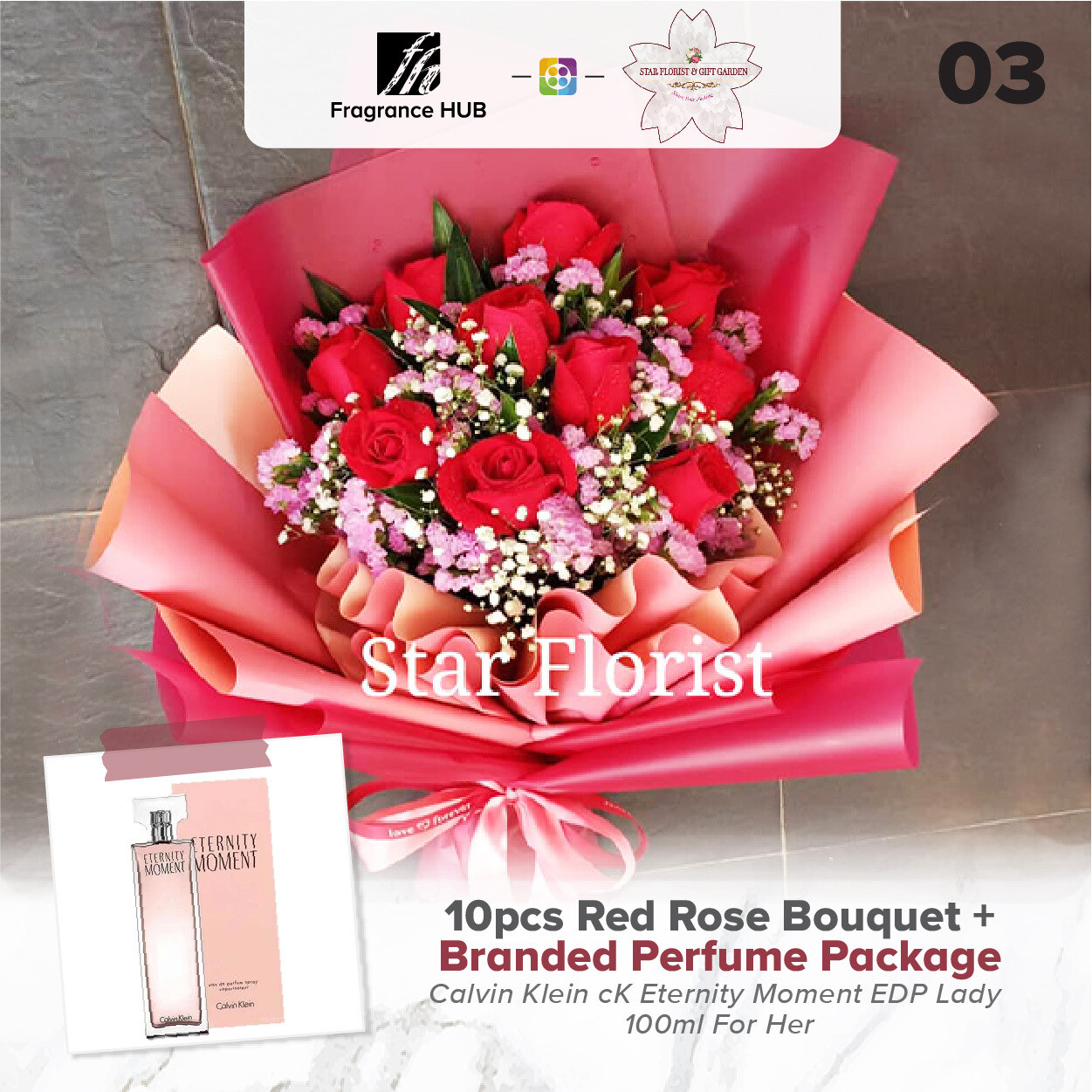 10pcs Red Rose Bouquet + Fragrance Hub Branded Perfume (By: Star Florist from Puchong)