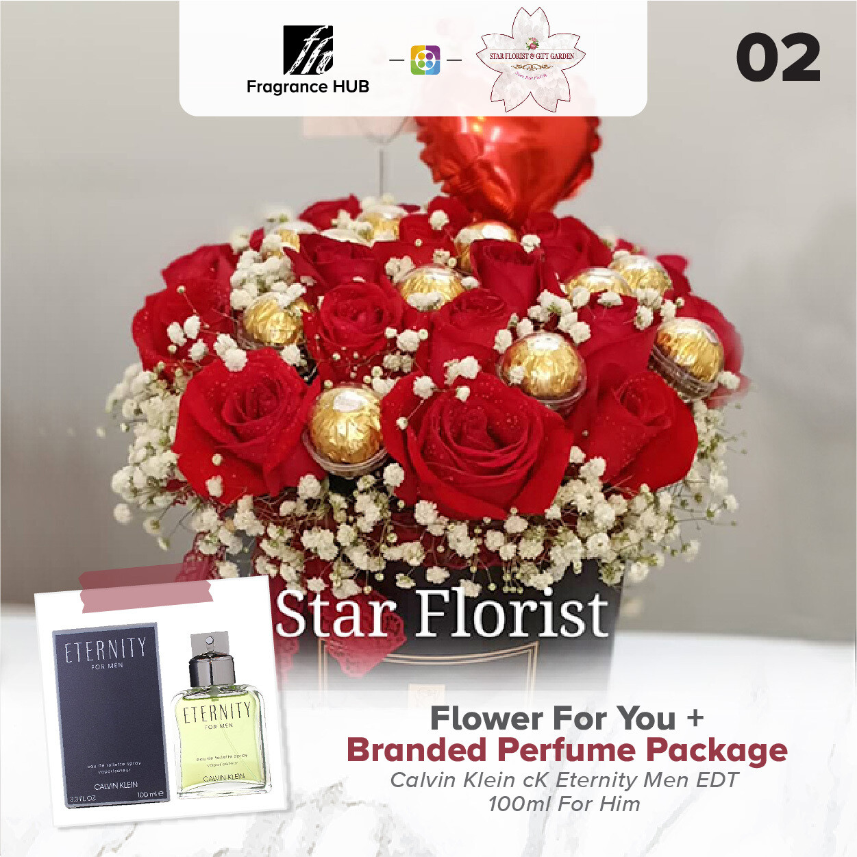 Flower For You (Red Rose + Ferrero Rocher) + Fragrance Hub Branded Perfume (By: Star Florist from Puchong)