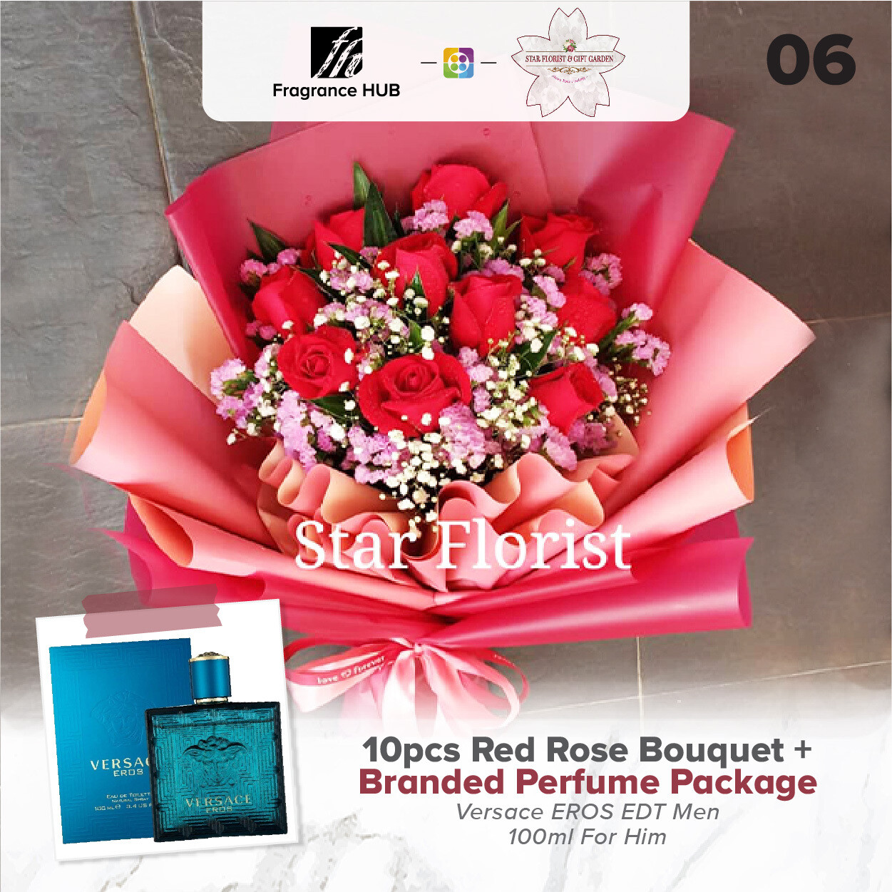10pcs Red Rose Bouquet + Fragrance Hub Branded Perfume (By: Star Florist from Puchong)