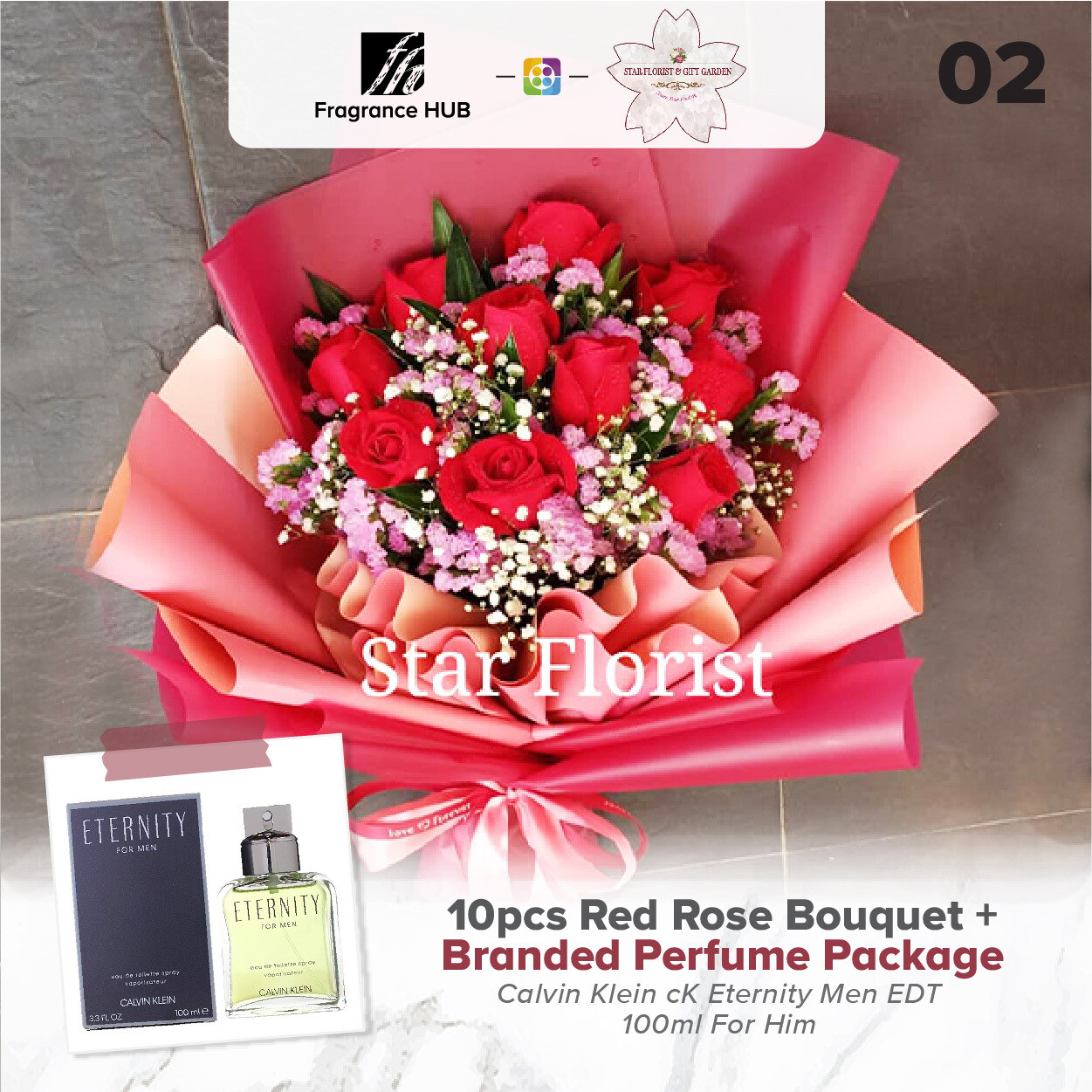 10pcs Red Rose Bouquet + Fragrance Hub Branded Perfume (By: Star Florist from Puchong)